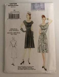 Vogue V8728 Patrón de Costura Diseño Original 1946 - Retro Años 40 Vestido Tallas: 16-22 - Imagen 1 de 3