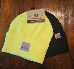 Mossy Oak Hunting Beanie Cozy Wide Cuff Knit Skull Cap 2-Pack Black Yellow - Picture 1 of 4