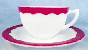 Corning Cup & Saucer Red Scallop Border Milk Glass Restaurant Dish Ware Vintage - Picture 1 of 5
