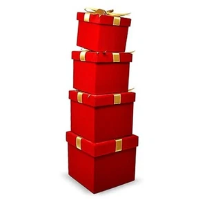  - Christmas Nesting Gift Boxes Square 4 Pack Red Velvet with Gold Ribbon Bow  - Picture 1 of 8