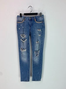 Liu Jo Blue Distressed Skinny Jeans Ripped Crystal Trim Pockets Low Rise UK 10 - Picture 1 of 12