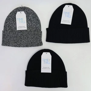 Set of 3 Time And Tru Beanie Hat Winter Gray, Black Rib Knit Cuffed Lot - Picture 1 of 6