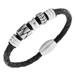 Mens Stainless Steel and Black Leather Bracelet - Picture 1 of 3