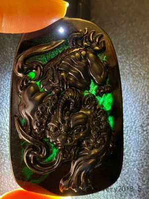 Сертифицированный черный зеленый бирманский 100% натуральный нефритовый кулон ~ PiXiu 墨翠貔貅 - Изображение 1 из 4