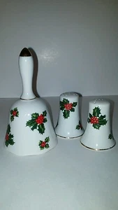 VTG LEFTON Christmas Holly Salt & Pepper Shaker & Dinner Bell Made in Japan - Picture 1 of 8