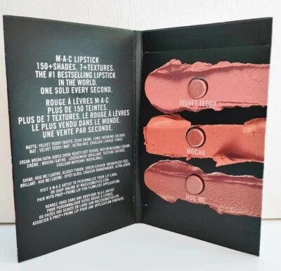 M·A·C MAC Lippenstift Musterkarte, 3 Farbtöne Tester, Farbtöne: Velvet Teddy, Mokka, Hug me,
