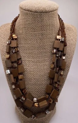 Vintage Garnet Abalone Shell ￼Wood Multi-Strand Necklace Earthy Natural Boho 70s - Image 1 of 4