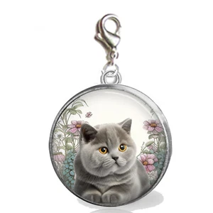 British Shorthair Kitty Cat in Blooming Garden Charm Handcrafted Photo Jewelry - Picture 1 of 1