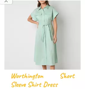 WORTHINGTON Shirt Dress 3X Green Short Sleeve Collared Pockets Waist Tie NWT - Picture 1 of 11
