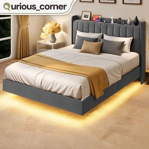 Gray Queen Size LED Bed Frame Upholstered Storage Headboard USB Charging Ports - Picture 1 of 12