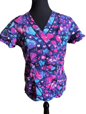 Women’s White Cross Scrub Top Size Small V-neck Blue an Pink Hearts - Image 1 of 4