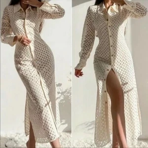 ZARA ELFENBEIN CREME BESTICKT CUTWORK SPITZE Langarm Midikleid Gr XL 14 16 - Bild 1 von 17