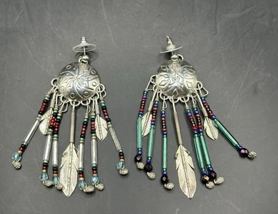 VTG Sterling Silver Handmade Native American Beaded Feather Dangle Earrings 3" - Image 1 of 4