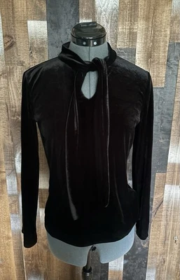Elegante Top de Terciopelo Negro con Cuello Atado para Mujer Petite P Manga Larga Fiesta de Vacaciones Foto 1 de 4