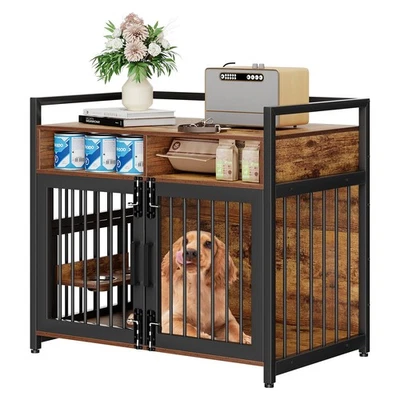 Metal Dog Crate with Drawers & 360° Adjustable Feeder – M to L Dogs up to 90 lbs - Image 1 of 4