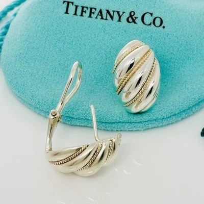 Tiffany Shell Dome Earrings in Sterling Silver and Yellow Gold Twist Omega Back - Image 1 of 4