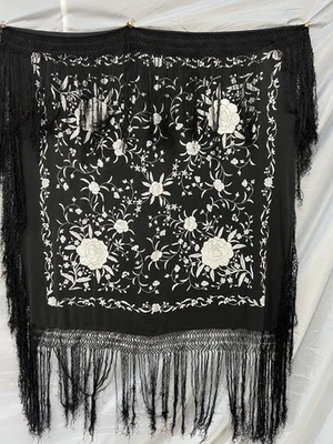 Vintage Chinese  Silk Embroidered Piano Shawl Long Fringe Floral Art Deco S50 - Image 1 of 4