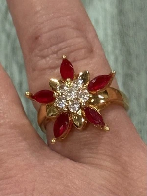Colorful Gold Tone Zirconia Ring- Red & Clear Stones Size 7 - Image 1 of 4