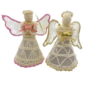 Lace Angel Christmas Tree angels lot of two Crochet lace wings flowers pink - Picture 1 of 8