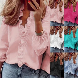 Womens Ruffle Long Sleeve T Shirts Ladies Office Work Casual V Neck Blouse Tops - Picture 1 of 32
