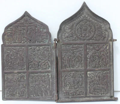 ICONE ORTHODOXE DIPTYQUE EN BRONZE - 16,5 x 19 cm - 590 g - Photo 1/4