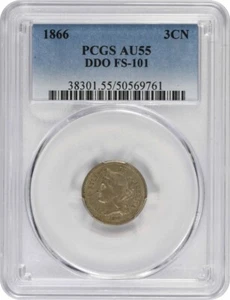 1866 Three Cent Nickel DDO FS-101 AU55 PCGS - Picture 1 of 2