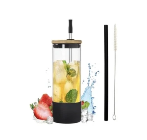 Glass Cups with Bamboo Lids and Glass Straws 24oz Can Shaped Drinking Glass - Picture 1 of 6