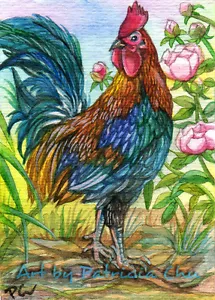 ACEO LE Art Card Print 2.5x3.5" " Rooster By The Garden " Animal Art by Patricia - Bild 1 von 1