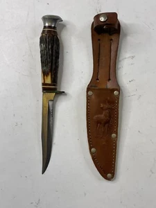 Vintage Whitby Stag Horn Handle Knife made in Solingen Germany RARE w/ Sheath - Picture 1 of 9