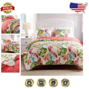 OEKO-TEX Certified Coral Tropical Quilt Set - Perfect for Deeper Mattresses - Picture 1 of 9