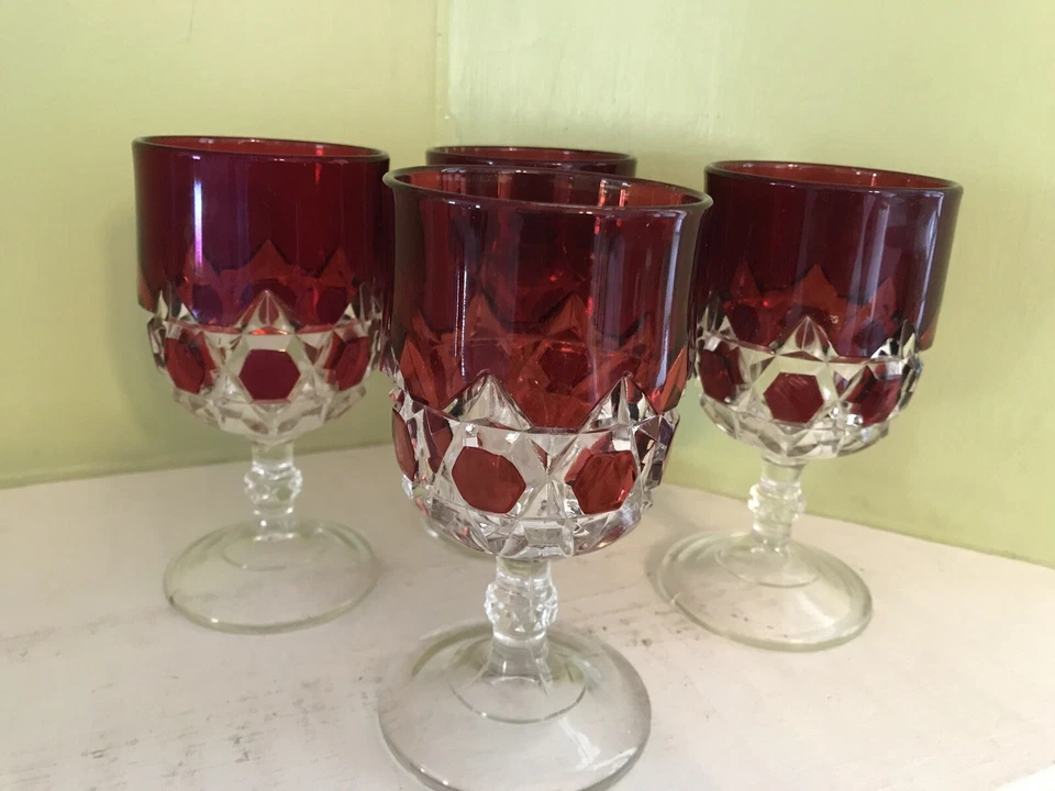  лот из 4 винтажных красных и прозрачных стеклянных кубков с отпечатком большого пальца 6 дюймов со стержнем - Изображение 1 из 4