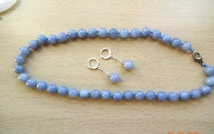 AQUAMARINE 8mm bead necklace ear rings set silver hoop ear rings Gift wrapped - Picture 1 of 2