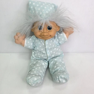 "Pijamas de lunares Russ Troll vintage de 12"" pelo azul con tapa cuerpo suave cara de goma" Foto 1 de 4