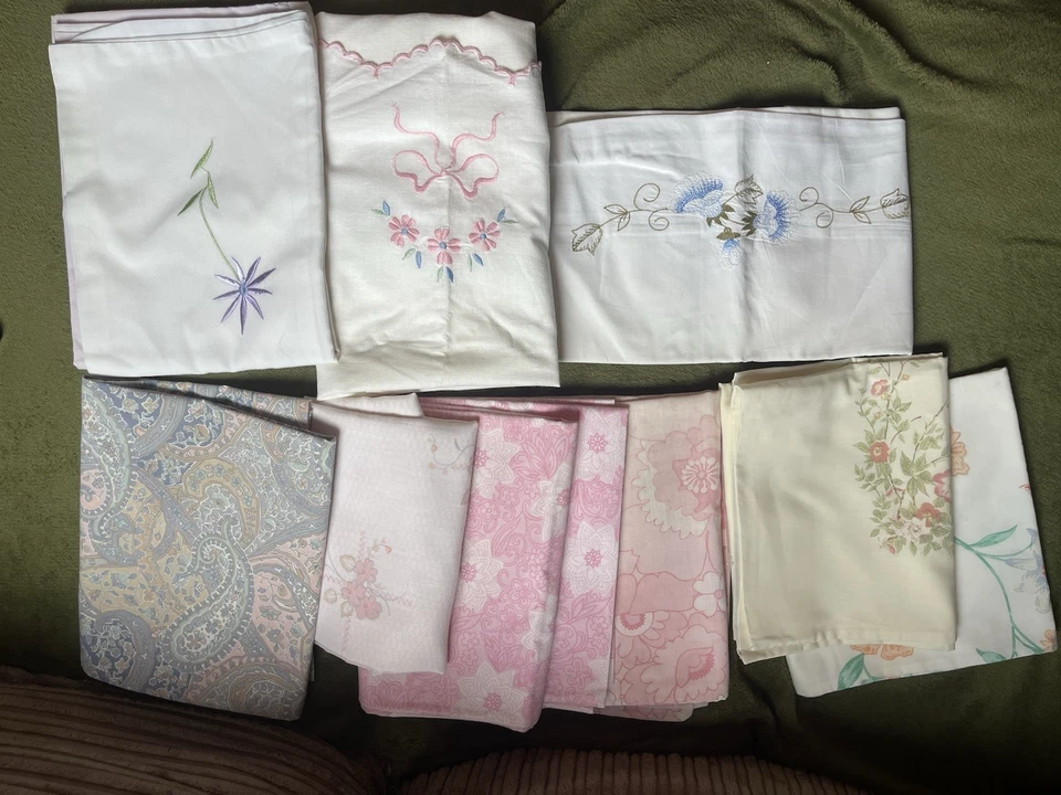 Mixed Bundle Of Vintage Floral Pillowcases Embroidered 70s Cottage - Image 1 of 1