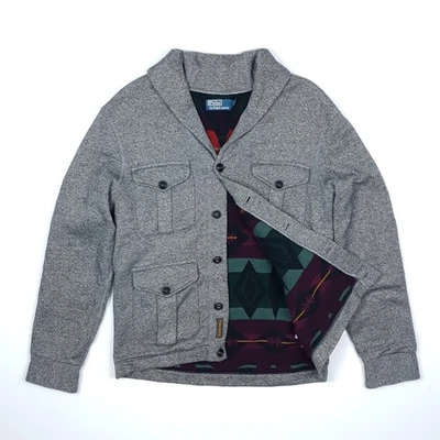 Polo Ralph Lauren Utility Cardigan Medium Blanket Lined Navajo Aztec Grey Shawl - Image 1 of 4