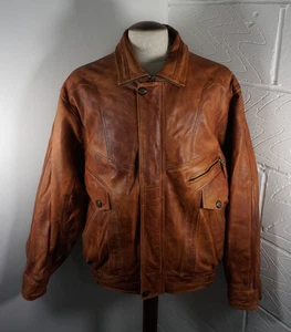 Mens Aviatrix Brown Leather Biker Style Bomber Jacket - Size Large - Picture 1 of 6