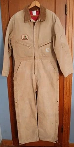 Vtg Carhartt Coveralls Quilted Red Lining Brown Corduroy Collar 44R RN14806 - Picture 1 of 24