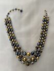 Collier collier perles irisées vintage Japon triple brin bleu/argent/or