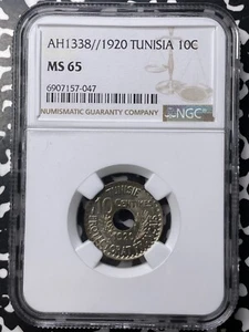 AH 1338 (1920) Tunisia 10 Centimes NGC MS65 Lot#G8995 Gem BU! - Picture 1 of 3