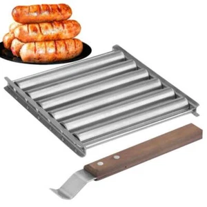 BBQ Hot Dog Roller Stainless Steel Sausage Roller Rack with Long Wood Handle - Picture 1 of 10