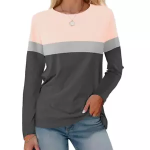 Women's Long Sleeve Color Block Tunics Tops Round Neck Shirts Casual Blouses - Picture 1 of 12