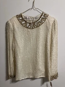 Vintage 80’s Laurence Kazar Ivory 100% Silk beaded Long Sleeve Blouse XL NWT - Picture 1 of 12