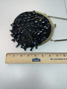 Vintage Black Bead Sequins Purse Cocktail  18” Hang Chain Gold Tone  Rhinestones - Picture 1 of 5