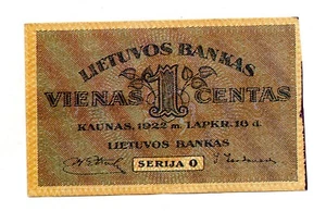 1922 Lithuania Bank of Lithuania 1 Centas Pick#7 - Picture 1 of 2