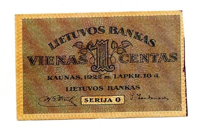 1922 Lithuania Bank of Lithuania 1 Centas Pick#7 - Image 1 of 2