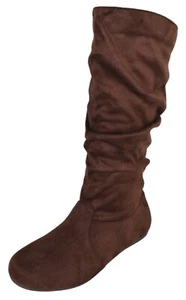 Forever Women Flat Heel Slouchy Mid-Calf Boots Side Zipper SELENA-23 Brown Suede - Picture 1 of 4