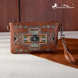 Montana West Concho Collection Purse Western Aztec Crossbody Bag Wristlet Brown - Picture 1 of 6