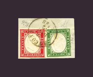 1862 Sardinia: 5c. Verde Wild Olive ( N° 13Dc)+ 40c. Vermeil Brick Light (L154) - Picture 1 of 1