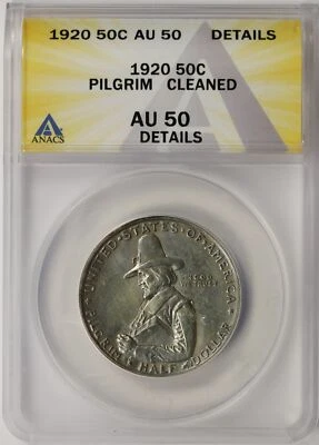 1920 50c Pilgrim Silver Half Dollar Commemorative ANACS AU50 Details - Cleaned - Image 1 of 4