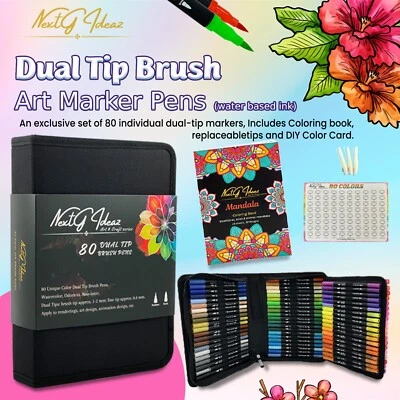 80 Dual Tip Brush Markers Set w/ Coloring Book Artist Pens Kit - Image 1 of 4